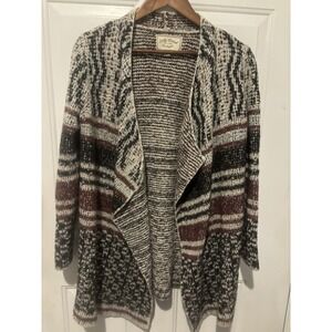 Lucky Brand Cardigan‎ Wool Blend Burgundy Crème Black Silver Sweater Silver L